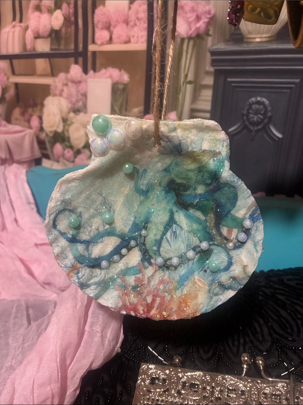 Handmade Ocean Shell Hanging Accent in Aqua and White